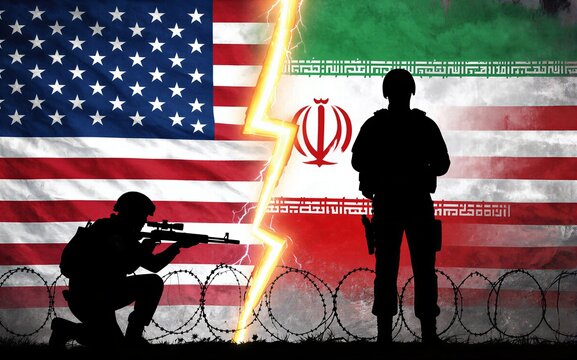 American and Iranian flags split by lightning soldiers stand guard