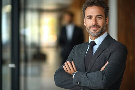 Confident professional in gray suit standing with arms crossed in a modern office hallway, composed and assertive