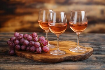 Fototapeta premium Three glasses of rosé wine with a cluster of red grapes on a wooden serving board on a rustic table, warm and inviting still life
