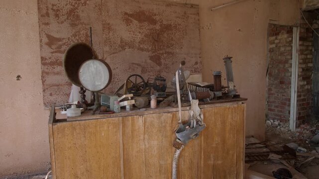An abandoned physics class in an abandoned school due to the Chernobyl nuclear power plant accident in 1986 4k slow motion