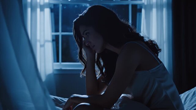 black silhouette upset unhappy woman sitting on bed dark room, mood depression sadness emotion. Sad lonely Girl feels bad after party, migraine suffers from headache. window curtains white fabric