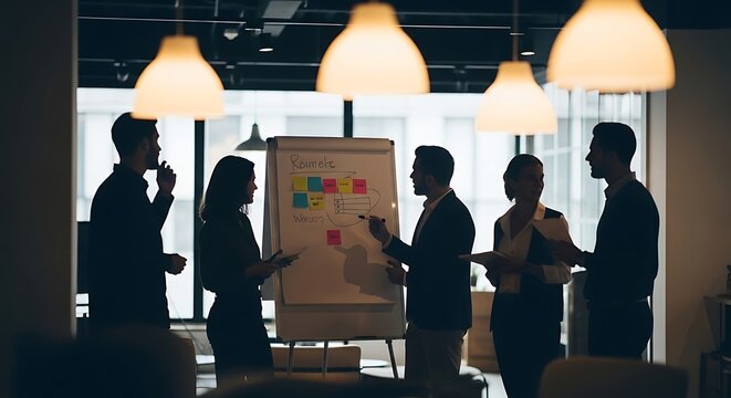 Modern startup office brainstorming session captured with strong blur effect, group of professionals standing near a whiteboard discussing ideas