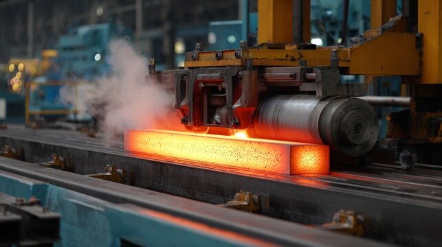 Steel hot rolling process in industrial factory setup with working machinery during daytime