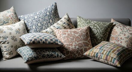 Fototapeta premium A collection of patterned throw pillows with diverse designs artfully arranged on a comfortable sofa, offering cozy and stylish home decor accents.