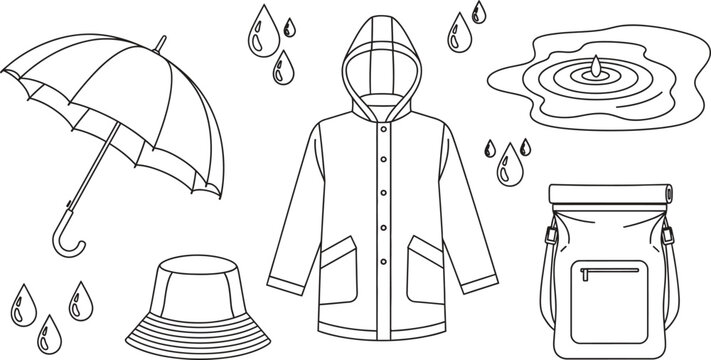 Set of essential rain gear and weather elements featuring outline vector illustrations of an umbrella raincoat and waterproof bag ideal for app design or educational materials