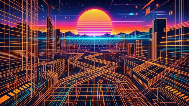 Neon pixel sunset over a futuristic city grid with glowing synthwave roads and digital mountains.