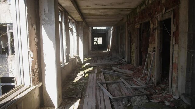 Corridor of an abandoned school in the radioactive exclusion zone in Belarus 4k