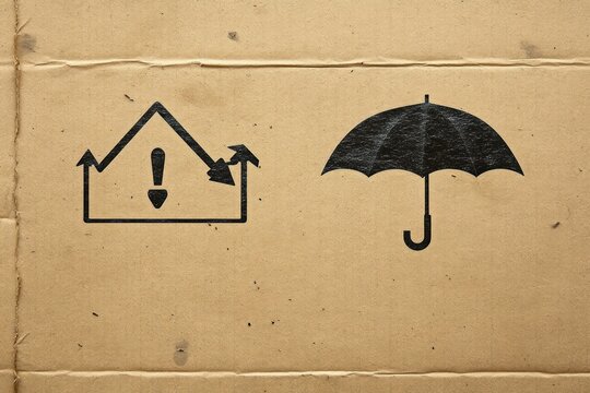 black shipping care symbols printed on worn brown cardboard: house outline with exclamation mark and umbrella icon conveying caution and protection