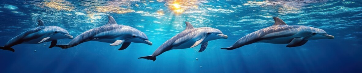 Fototapeta premium Four dolphins swimming in sunlit clear ocean water, rays streaming through the surface with bubbles, a serene and playful underwater scene