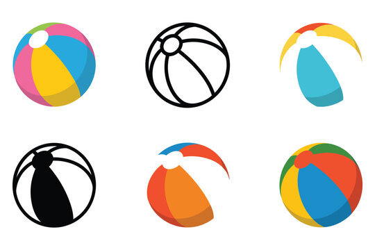 Six pixel art variations of colorful beach balls for summer and beach themes isolated on white background