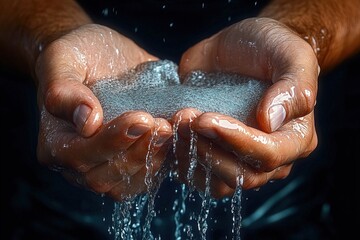 Fototapeta premium Two cupped adult hands gently holding flowing water with bubbles and droplets, wet palms conveying care, cleansing and refreshment