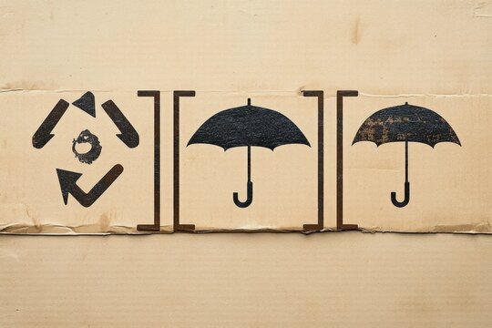 three stenciled black shipping symbols on worn corrugated cardboard: two umbrella keep-dry icons and a triangular arrows handling mark evoking caution and protection