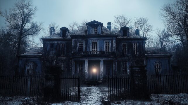 Decaying mansion behind an iron gate with bare winter trees and frosted path, single glowing doorway under a cold blue moonlit sky &mdash; eerie and foreboding