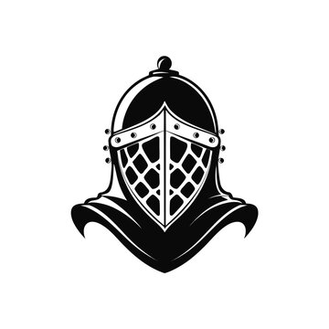 Medieval knight helmet, black and white vector, armor face mask, illustration