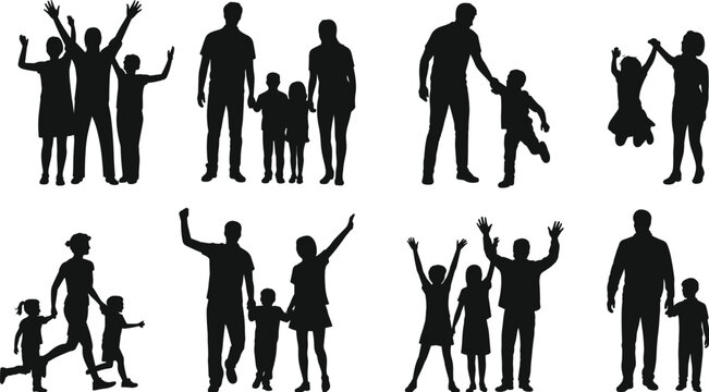 Collection of black silhouettes showing happy family groups with parents and children walking holding hands and celebrating for various lifestyle and parenting design projects.