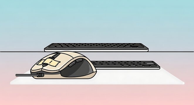 Humorous April Fools office prank illustration showing a computer mouse with tape covering the sensor