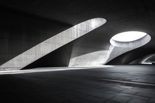 Minimalist concrete vault interior with curved arches and oval skylights casting dramatic light and long shadows across an empty tiled floor, serene and austere
