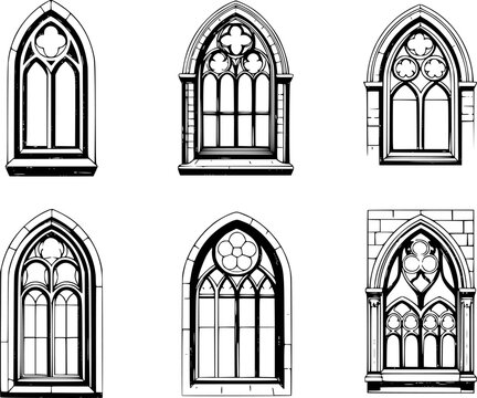 Collection of gothic arched windows with ornate tracery and mullions a white background