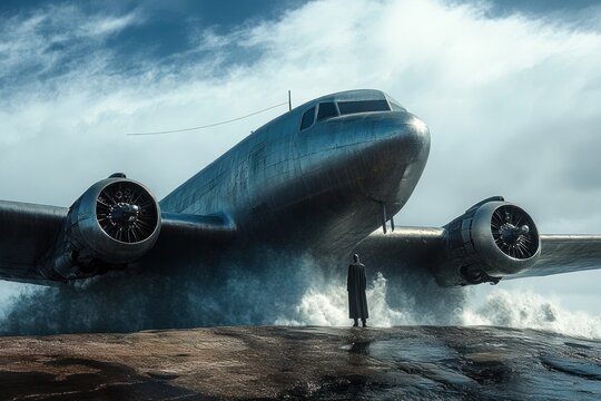 Solitary figure in long coat standing on wet rocks before a massive silver twin-engine propeller plane beached on a stormy shore, waves crashing and a moody sky evoking awe and isolation