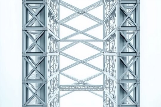 symmetrical steel framework with crisscross braces and vertical columns in pale blue tones conveying calm industrial precision and minimalist geometric order