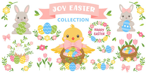 Fototapeta premium Cute Easter clipart set with bunny, chick, decorated eggs and spring elements. Ideal for greeting cards, invitations, packaging, stickers and seasonal design projects.