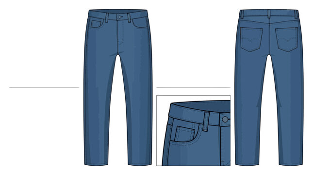 Front and back view of blue denim jeans with a close-up of the waistband and pockets.