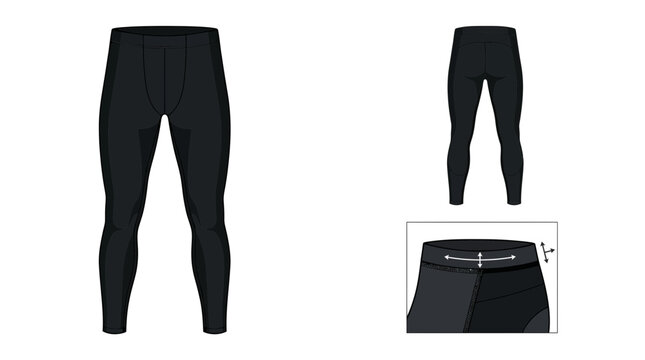 Black thermal leggings for men, shown from the front and back with a close-up of the waistband.