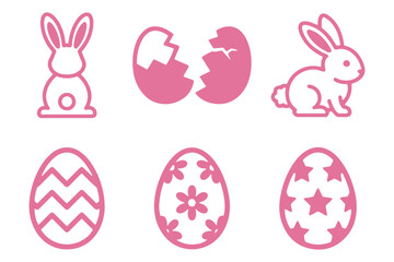 Fototapeta premium Collection of black silhouette vector icons representing various decorated easter eggs and holiday symbols. Easter Icon Set – Bunny Rabbit Silhouette, Cracked Egg Glyph, Decorated Outline Easter Eggs