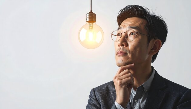 An Asian man with glasses, gazing upwards at a lit lightbulb, appears deep in thought. He wears a dark blazer against a white background