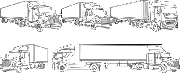 Semi truck outline set featuring cargo trailers and transport vehicles in detailed line art vector style for logistics, delivery, and transportation design projects © Mdjony