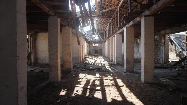 Sunlit Corridor Of Collapsed Barn Showing Torn Roof, Wooden Rafters, Planked Floor, Dust Motes, Long Shadows, Warm Light, Atmospheric Ruin Hinting At Abandoned Radiation Location