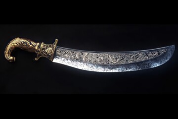 ornate curved sword with gold hilt and intricately engraved steel blade on black background, evoking elegance and quiet menace