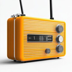 vibrant orange retro-style portable radio with twin antennas, silver dials and striped front evoking playful nostalgia