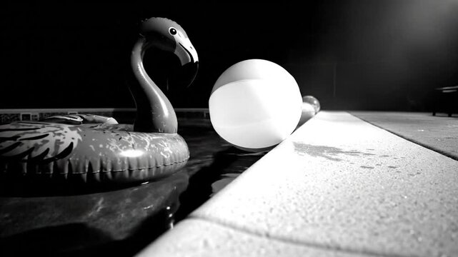 Black and white nighttime scene of an inflatable flamingo and a glowing sphere floating in a swimming pool