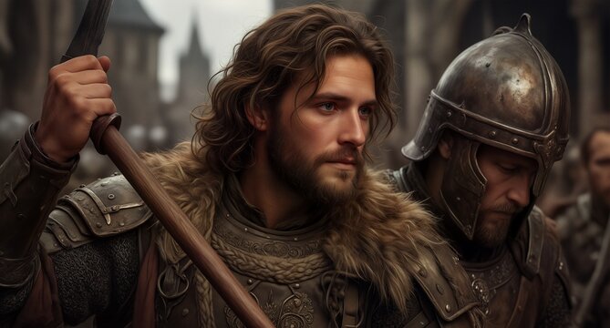 Cinematic portrait of medieval Christian crusaders in historical battle armor