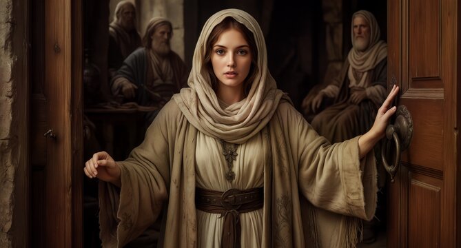 Young woman in historical biblical clothing at an ancient doorway