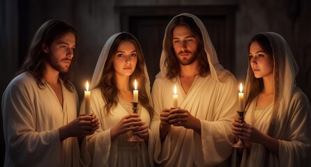 Fototapeta premium Christian believers in white robes holding lit candles in the darkness