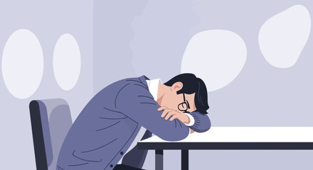 Obraz premium Exhausted businessman resting head on desk, feeling stressed and overwhelmed at work.