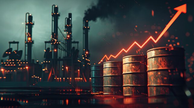 global energy shortage crisis concept picture of oil barrels and pumpjacks with financial chart at sunset over industrial refinery.