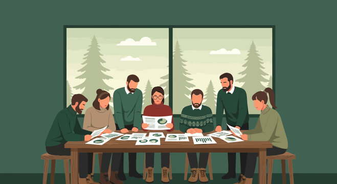 Diverse Team Meeting Around Table Discussing Documents in Forest Office