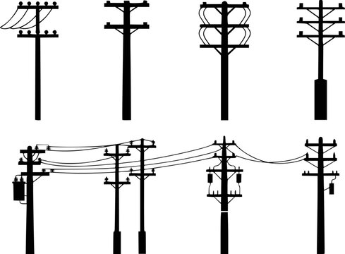 Collection of black silhouette utility poles with electrical wires and transformers white background