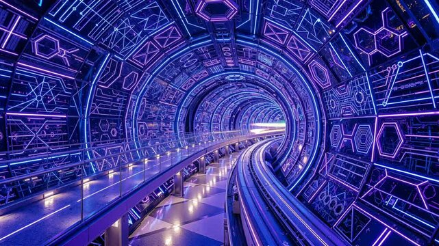 Future Transportation Technology And Innovation Futuristic Tunnel With Neon Lights And Fast Moving Train Artificial.