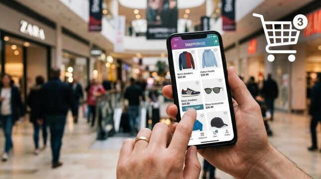 Hands holding smartphone with shopping app in a busy mall
