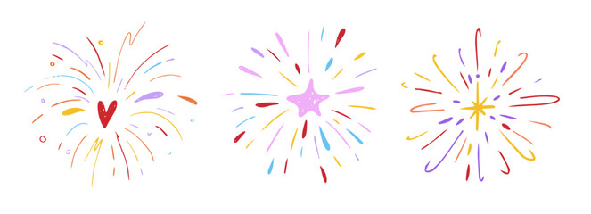 Crayon firework pastel confetti, hand drawn sketch chalk texture set. Kids color chalk pencil firecracker, sunburst, explosion © Alyona