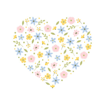 Quadratische Vektorgrafik mit einem Herz aus pastellfarbenen Bl&uuml;ten und Bl&auml;ttern.