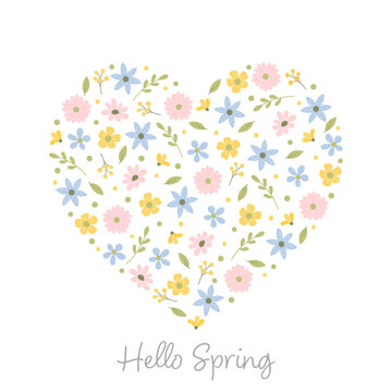 Hello Spring - Schriftzug in englischer Sprache - Hallo Fr&uuml;hling. Quadratische Gru&szlig;karte mit einem Herz aus pastellfarbenen Bl&uuml;ten und Bl&auml;ttern.