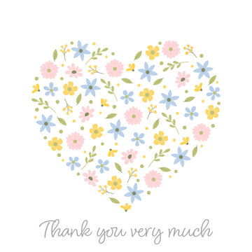 Thank you very much - Schriftzug in englischer Sprache - Vielen Dank. Quadratische Gru&szlig;karte mit einem Herz aus pastellfarbenen Bl&uuml;ten und Bl&auml;ttern.