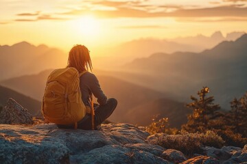 Obraz premium backpacker with yellow backpack sitting on rocky ledge watching golden sunset over layered mountain ranges, peaceful and contemplative mood