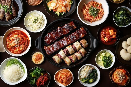 A warm inviting feast of glazed grilled ribs and rolled sliced meat on a hot cast iron plate surrounded by assorted kimchi, pickled vegetables, greens and rice cakes