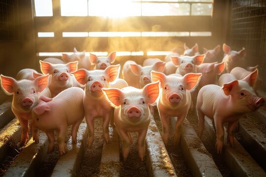 Curious pink piglets clustered on a slatted barn floor bathed in warm golden sunlight, looking toward camera with playful and innocent expressions